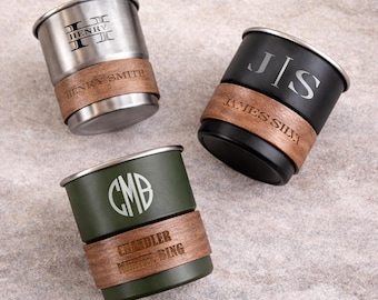 Personalized Monogram Coffee Mug, Custom Wood Sleeve Drinkware, Engraved Beer Mug Gift For Dad
