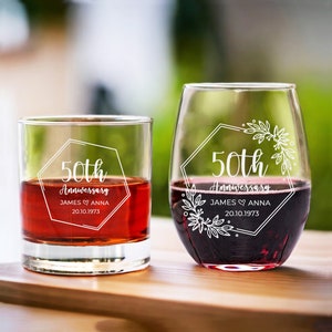 Etched Glass Set Anniversary Gifts - Personalized Stemless Glass Whiskey Glass for Couple