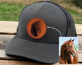 Custom Horse Portrait Trucker Hat Leather Patch - Personalized Fathers Day Gift for Horse Lover