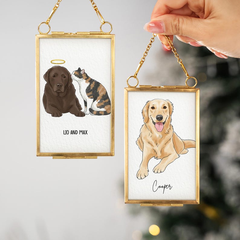 Custom Dog Christmas Golden Frame Ornament, Unique Watercolor Pet Portrait Keepsake Gifts