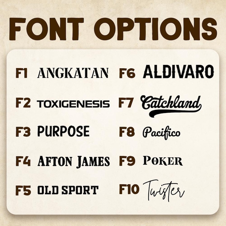 K&ouml;nnte beinhalten: Eine Grafik mit Schriftoptionen. Der Text "FONT OPTIONS" ist in dunkler, brauner, fetter Schrift dargestellt. Darunter werden zehn Schriftarten mit Namen und Nummern wie "ANGKATAN" und "ALDIVARO" gezeigt. Der Hintergrund ist hellbeige.