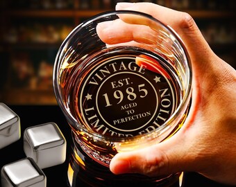 Custom 40th Birthday Whiskey Glass Gifts for Him - Personalized 1984 Rock Glass