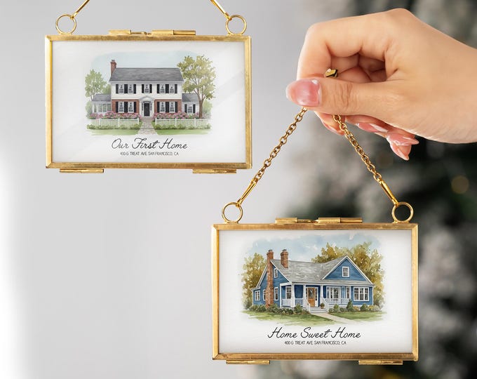 Personalized House Warming Gift, Watercolor Painting Vintage Frame Ornament, New Home Gifts