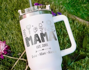 Personalized 40oz Tumbler Gifts for Mom, Custom Kid's Names Engraved Cup, Wildflower Mother's Day Gifts for Nana, Mimi From Grandchildren