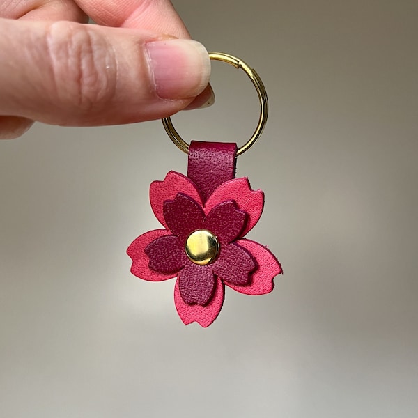 Leather Cherry Blossom keychain, small flower bag charm