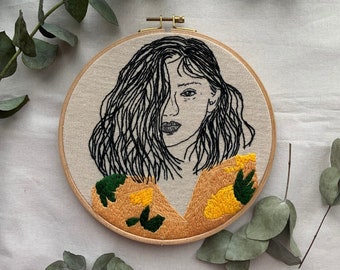 Hand-Embroidered Girl Portrait, Unique Fiber Art, One-of-a-Kind Wall Decor|Hand embroidered portrait