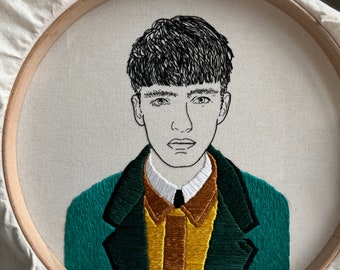 Hand-Embroidered Male Portrait, Unique Fiber Art, One-of-a-Kind Wall Decor|Hand embroidered portrait