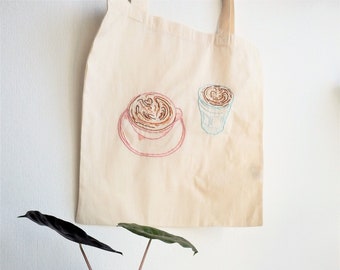 Tote bag embroidered| Coffee tote bag embroidered| Tote bag with coffee design| Canvas tote bag| Reusable bag