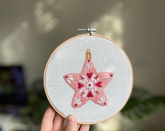Star Embroidered |Christmas Hoop Holiday Wall Decor| Hand embroidered Star Gift | Hand-Embroidered