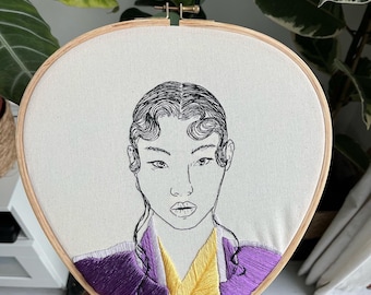 Hand-Embroidered Woman Portrait, Unique Fiber Art, One-of-a-Kind Wall Decor|Hand embroidered portrait