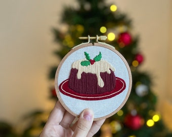 Christmas Pudding Embroidered |Christmas Hoop Holiday Wall Decor| Hand embroidered Christmas Gift | Hand-Embroidered