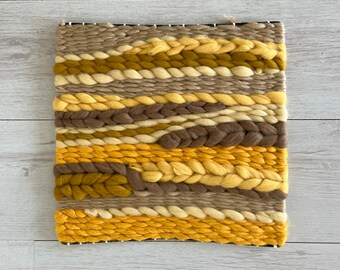 Yellow hand made weaving | Square weaving | Fiber art | Wall decor |