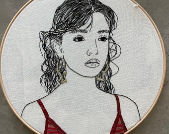 Hand-Embroidered  Woman Portrait, Unique Fiber Art, One-of-a-Kind Wall Decor|Hand embroidered portrait