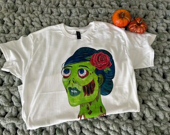 Hand Painted Zombie Woman Unisex Shirt. Size Large.