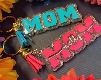 Mom keychain | gifts for her | gifts for mom | Personalized Name keychain | Custom Tassel Clear keychain | Glitter Keychain