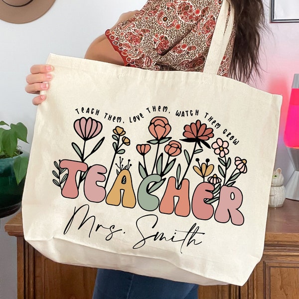 Teacher Gifts, Gift for teacher, Personalized Gift for teacher, Teacher tote bag, Floral Teacher Bag, Big Tote bag,