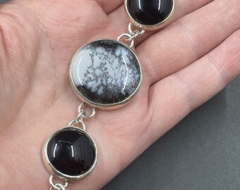 Black Onyx and Dendritic Agate Silver Bracelet