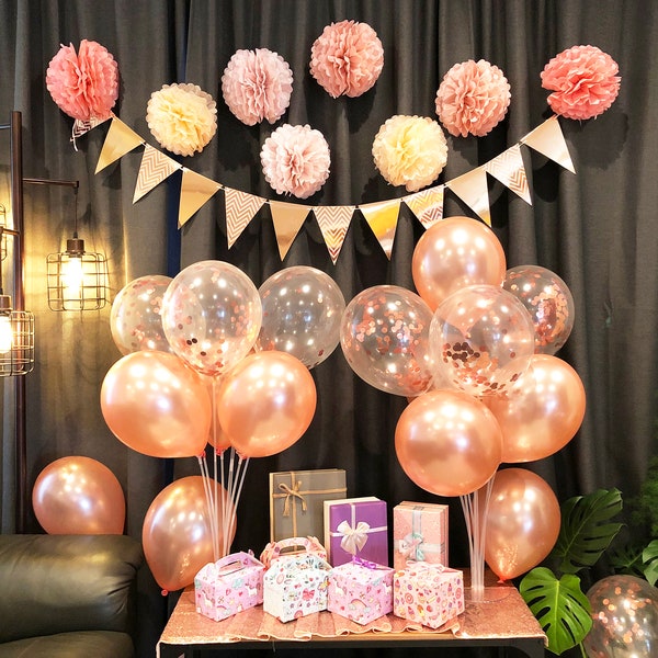 Rose Gold Party Decoration with Sequin Table Runner,Foil Confetti and Latex Balloon, Triangle Flags Bunting, Wedding, Showers, Birthday