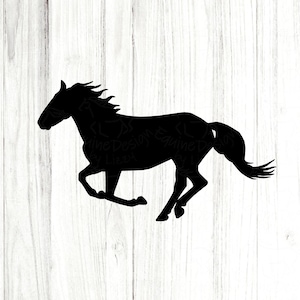 May include: Silhouette of a black horse running to the right. The horse has a long flowing mane and tail.