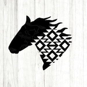 May include: Black and white silhouette of a horse's head with a geometric pattern overlay. The pattern is made up of triangles and squares.