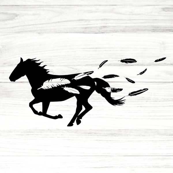 Running Horse Silhouette, Horse SVG, Feathers, horse Clipart, Vinyl Image, PNG File, T-Shirts, Pillows, Scrapbooking, Decal, Iron on