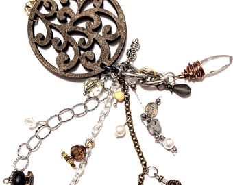 Convertible Boho Mixed Media Necklace, Layered Gemstone Chain Dangle, Recycled Wood Flourish