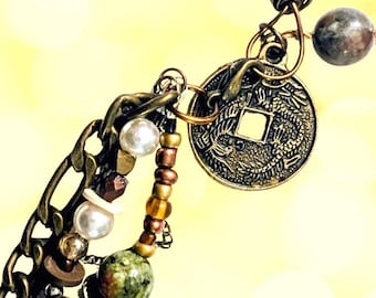 Layered Mixed Media Necklace, Boho Leather Metal Statement Jewelry