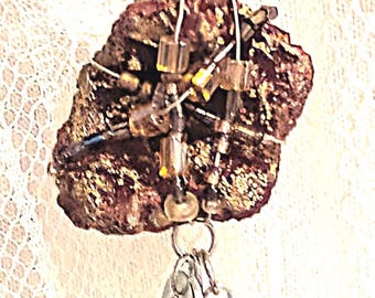 Hand Wire-Wrapped Geode Pendant Necklace, Mixed Metal Boho Statement Jewelry