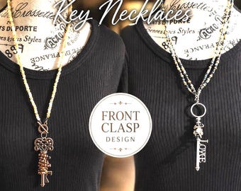 Artisan Wire Wrapped Skeleton Key Toggle Necklace, Vintage Beaded Jewelry
