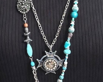 Convertible Layered Statement Necklace, Mixed Metal Leather, Artisan Beaded Jewelry