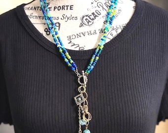 Boho Double Strand Charm Necklace, Sea Glass or Pearl, Blue Green or Purple Pink