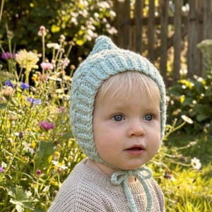 Baby Pixie Bonnet Hat: Secure Tie, Warm Ear Coverage Handmade Crochet Toddler Bonnet - light mint color
