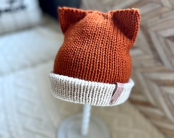 Soft Knitted sly fox beanie hat, woodland tiny fox beanie hat. May order as Mommy and me (adult/child) beanie set. Sizes newborn to adult.