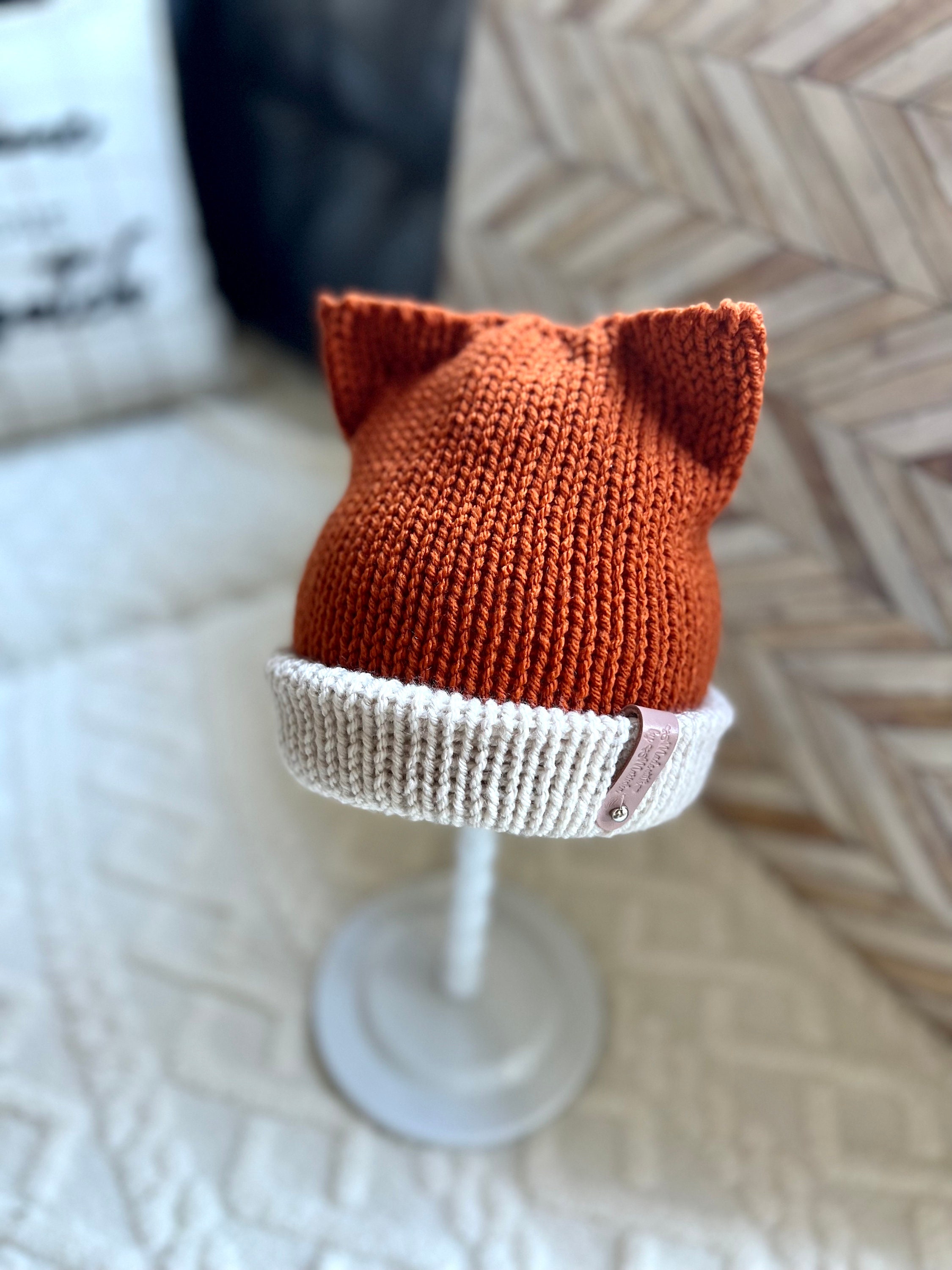 Fox Ears Beanie Hat - Handmade Knitted Pom Pom Hat With Cat Ears, Grey, Adult Size (20-24in) - View #8