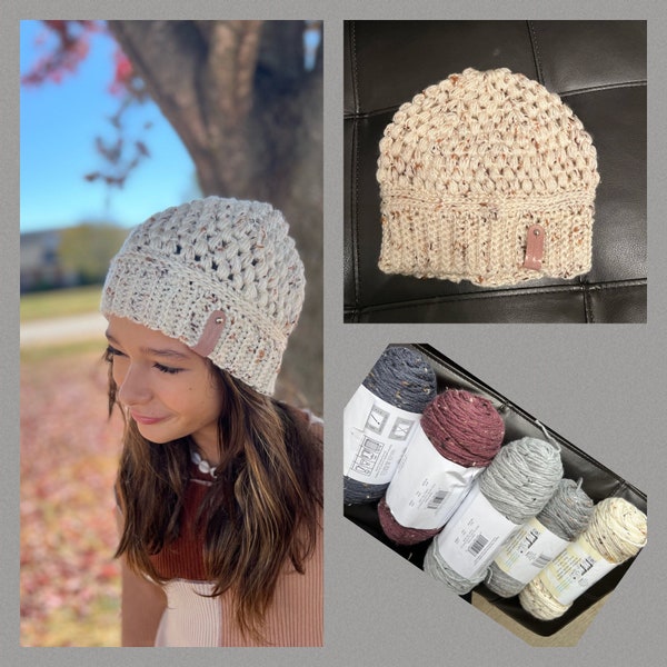 Crochet off-white hat for woman/teenage girl, or child.  Fall or winter weather trendy crochet Claire beanie hat. Other colors available