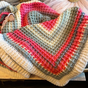 Handmade Crochet baby blanket pink, white, and gray colors