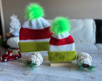 Christmas beanie hat for woman with faux fur pompom, red-white- lime green colored, Grinch hat, woman’s Grinch hat,  Christmas beanie hat