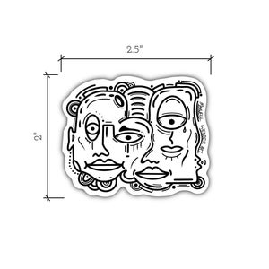 May include: A white sticker featuring a black line art design of three stylized faces. The sticker measures 6.35 cm wide and 5.08 cm tall. The artist's name, "MAMFELL WEBER ART", is printed on the right side.