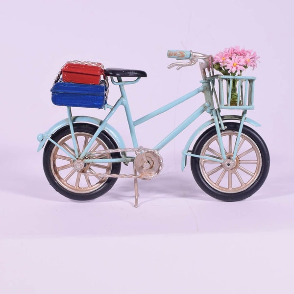 TEAL BICYCLE with Basket Decoration / Old Bike Model / Vintage Metal Toy / Classic Collectors Item / Gift Idea