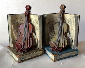 VIOLIN BUCHSTÜTZE / 2er Set Retro Violine und Musikbuch Buchstütze / Buchhalter Ornamente für das Bücherregal / Buchstopper / Geschenk für Buchliebhaber