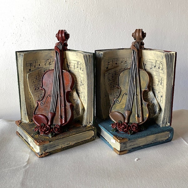 VIOLIN BOOKEND / Set of 2 Retro Violin and Musical Bookend / Book Hold Ornaments for Bookshelf / Book Stopper / Gift for Book Lovers