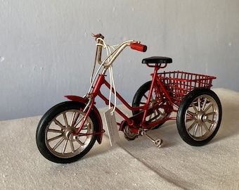 RED TRICYCLE with Basket Decoration / Old Bike Model / Vintage Metal Toy / Classic Collectors Item / Gift Idea