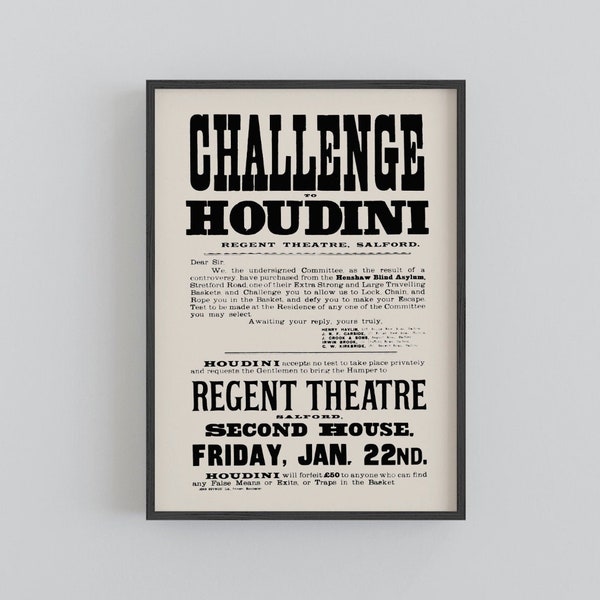 Harry Houdini Escapologist Magician Poster, Magic Art Print, Historical Challenge Houdini Print, Home Decor Gifts
