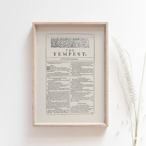 The Tempest William Shakespeare First Folio Print, Fine Art A1 A2 A3 A4 Giclee Print, Shakespeare Wall Art, Literary Bookworm Gift