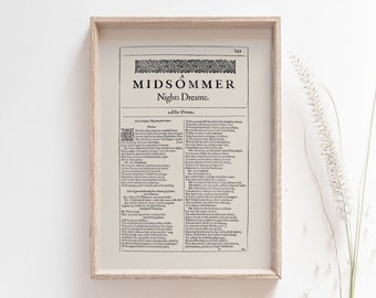 A Midsummer Night's Dream First Folio Print, English Literature Giclee, Literary A1 A2 Fine Art Print, William Shakespeare Home Decor Poster
