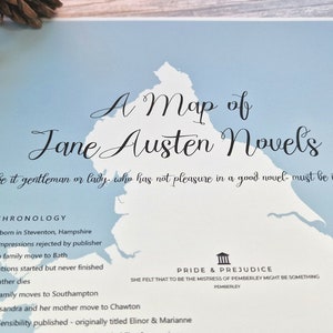 Carte des romans de Jane Austen, impression A3 A4 - Orgueils et préjugés - Poster littéraire - Cadeau rat de bibliothèque pour femme