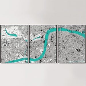 A3 A2 London River Thames vintage Map Triptech Print, Ensemble de 3 cartes de Londres, Poster Set of 3, Map Wall Art, Street Map Fine Art Print