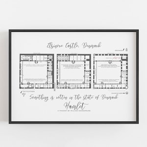 Poster di Shakespeare in regalo - Stampa teatrale di Amleto - Citazioni letterarie - Planimetria del castello di Elsinore