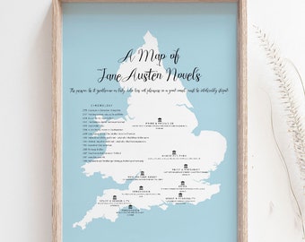 Map of Jane Austen Novels Print A3 A4 - Pride and Prejudice - Literary Poster - Bookworm Gift for Wife