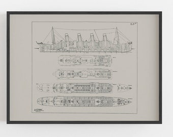 A3 A2 Titanic Blueprint Poster, Ship Blueprint Fine Art Print, Titanic Cutaway Giclee Print, Titanic Ship Wall Art Decor, Nautical Decor